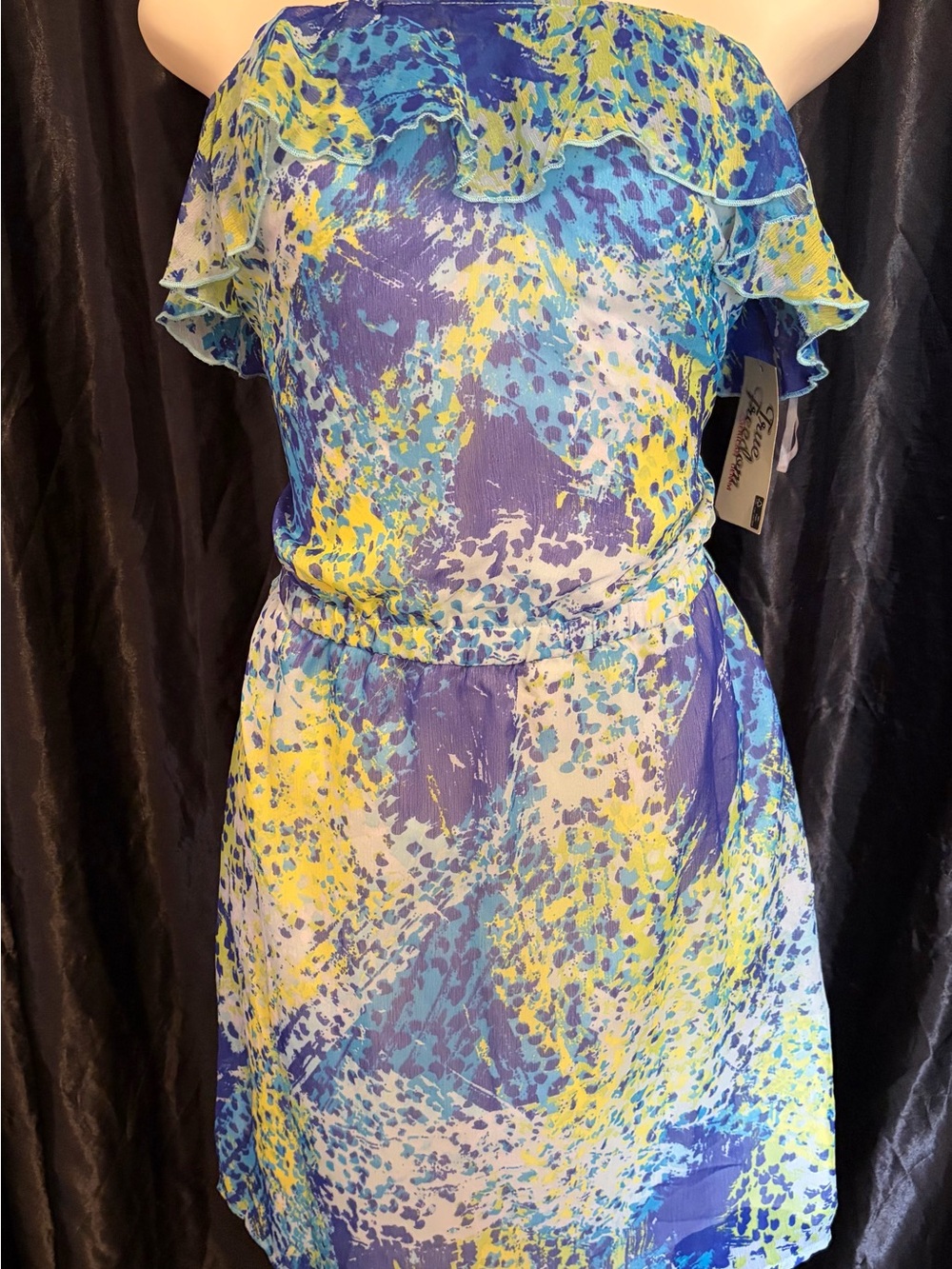 True Freedom Strapless Ruffle Dress in Blue and Yellow
